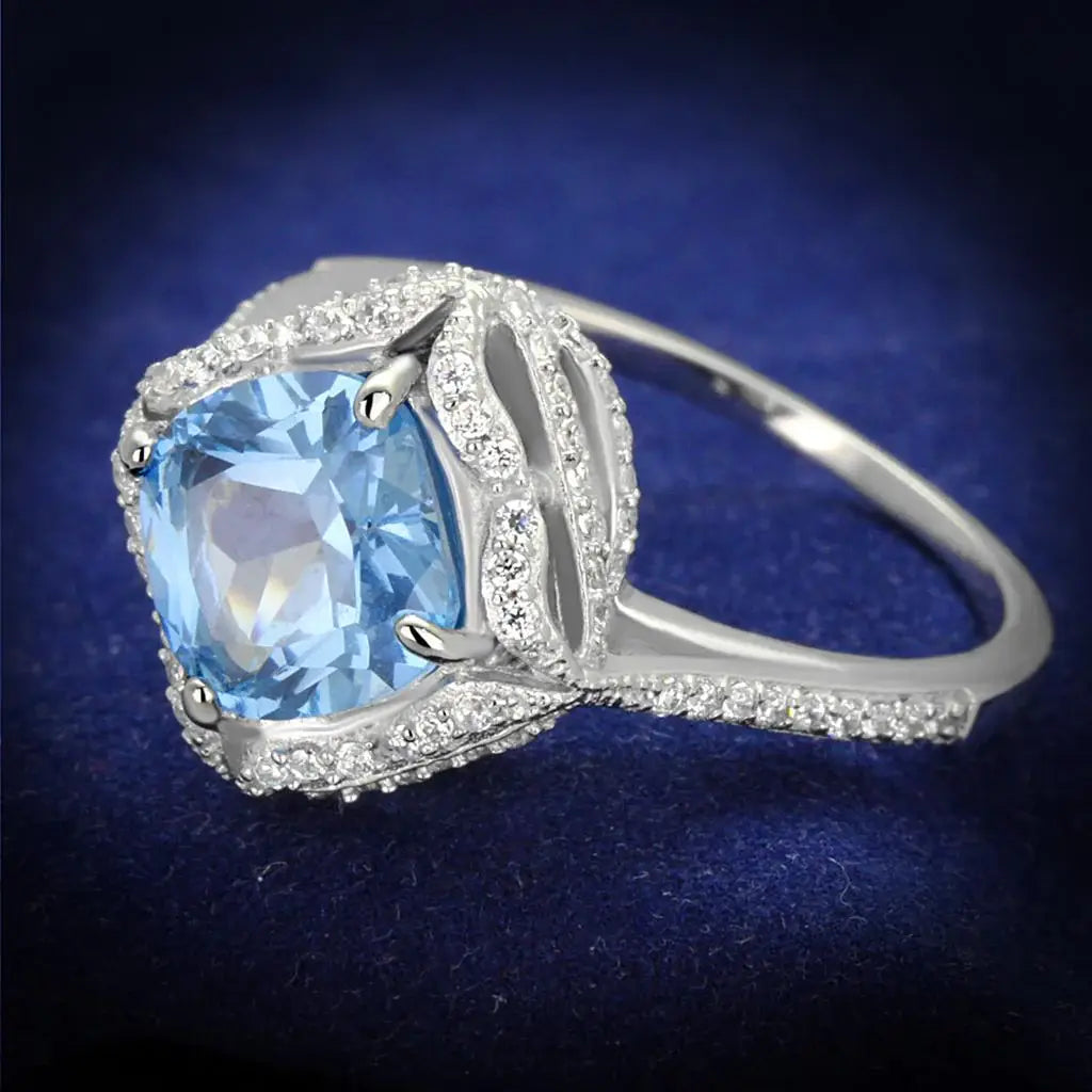 TS419 - Rhodium 925 Sterling Silver Ring with Synthetic Spinel in Sea Blue - Alamode - Flyclothing LLC