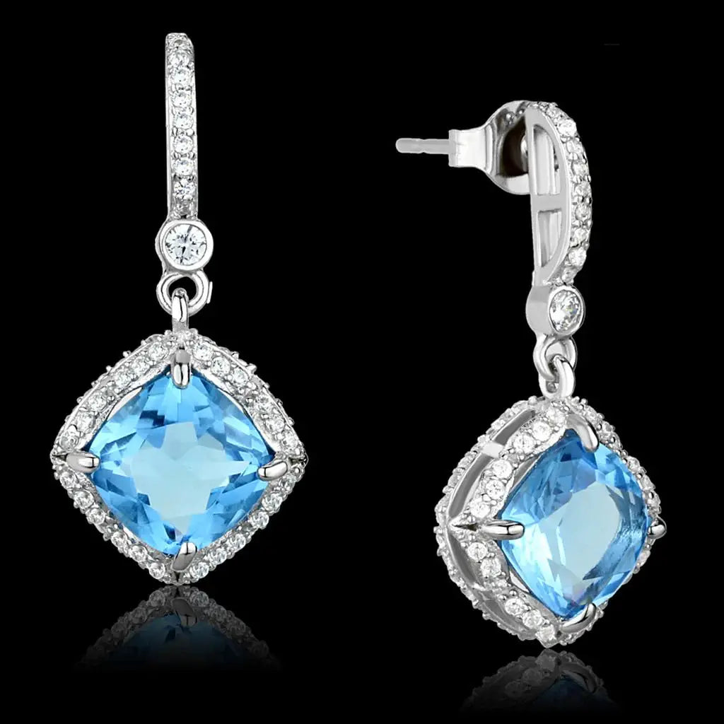 TS438 - Rhodium 925 Sterling Silver Earrings with Synthetic Synthetic Glass in Sea Blue - Alamode - Flyclothing LLC