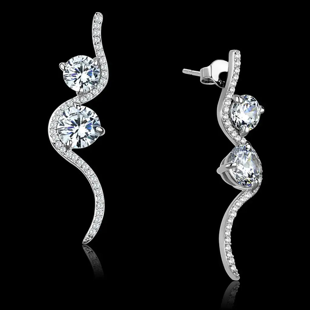 TS441 - Rhodium 925 Sterling Silver Earrings with AAA Grade CZ in Clear - Alamode - Flyclothing LLC