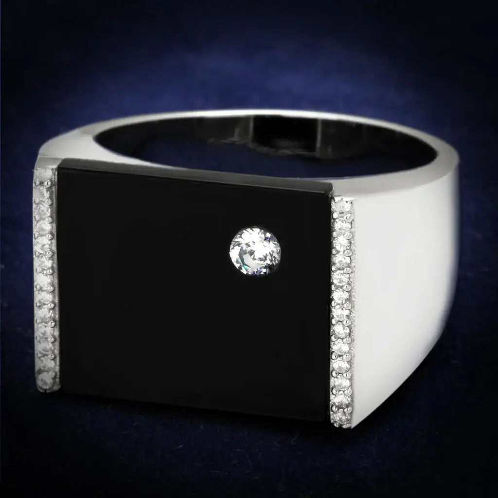 TS459 - Rhodium 925 Sterling Silver Ring with Synthetic Onyx in Jet - Alamode - Flyclothing LLC