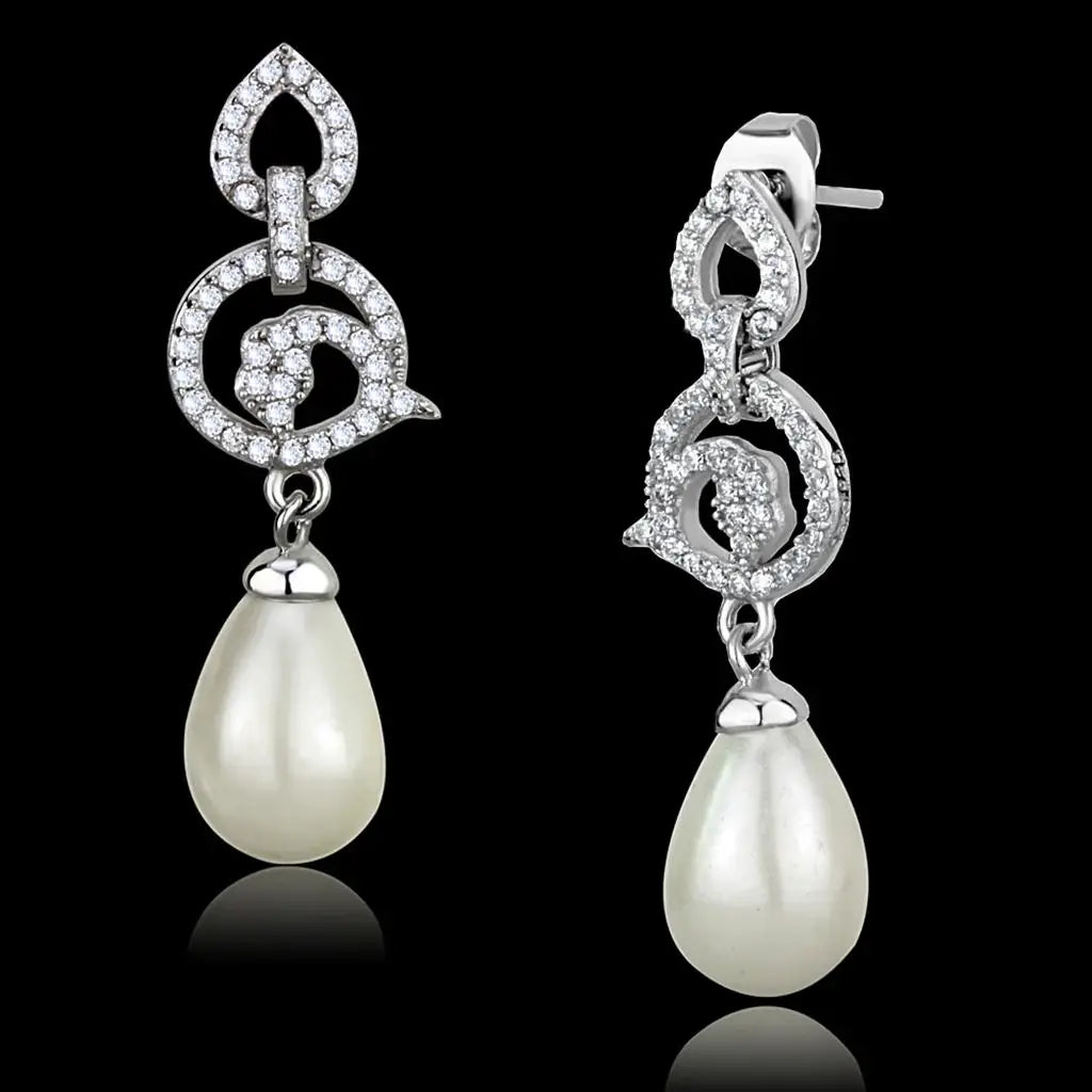 TS480 - Rhodium 925 Sterling Silver Earrings with Synthetic Pearl in Citrine Yellow - Alamode - Flyclothing LLC