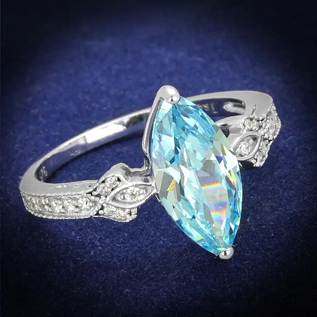 TS502 - Rhodium 925 Sterling Silver Ring with AAA Grade CZ in Sea Blue - Alamode - Flyclothing LLC