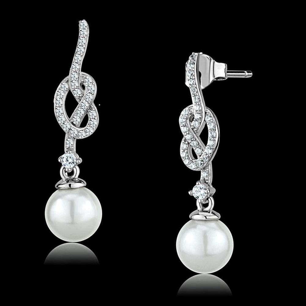 TS506 - Rhodium 925 Sterling Silver Earrings with Synthetic Glass Bead in White - Alamode