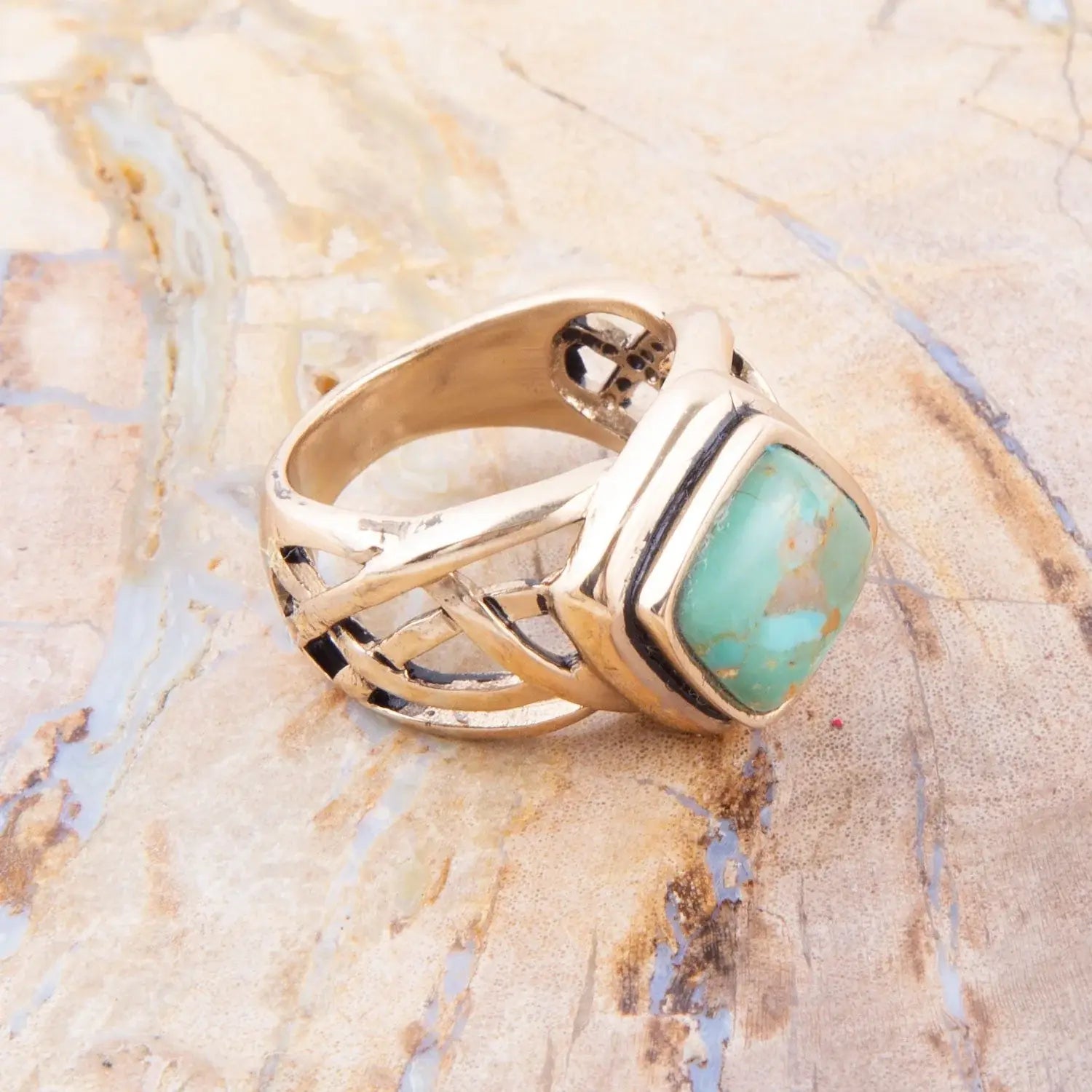 Blue Turquoise and Golden Bronze Cut Out Ring - Barse Jewelry - Flyclothing LLC