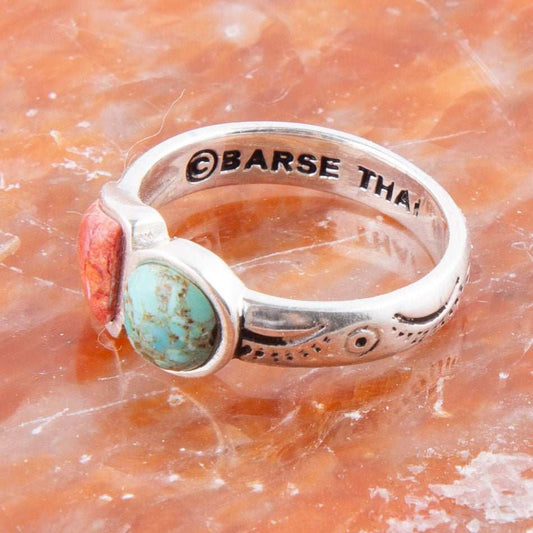 Blue Turquoise and Orange Coral Duo Sterling Silver Ring - Barse Jewelry - Flyclothing LLC