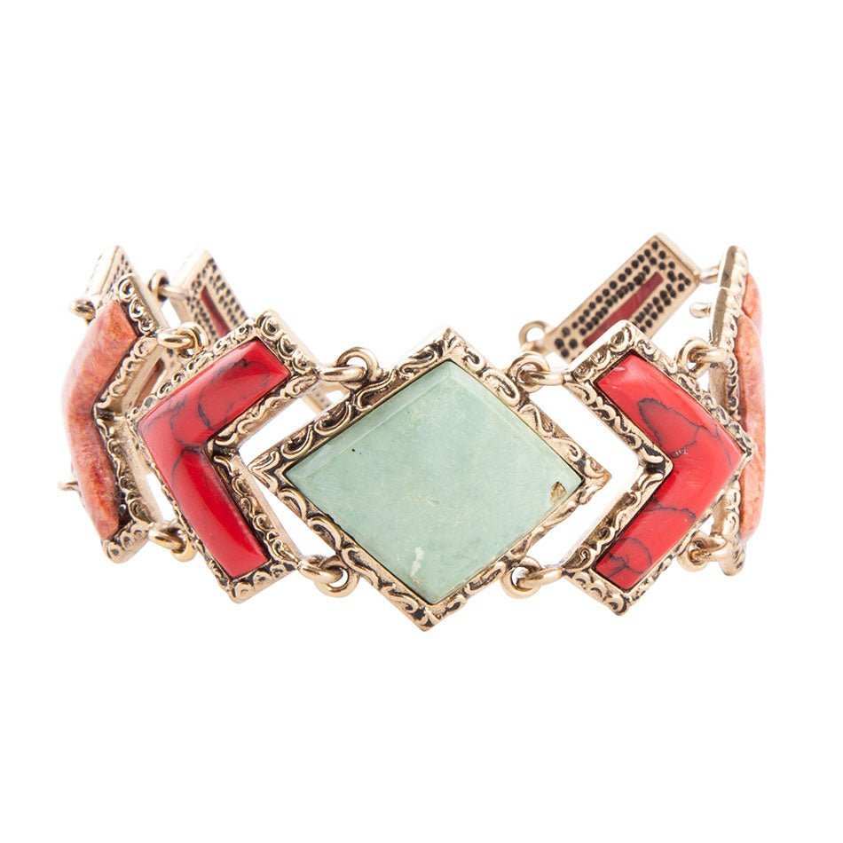Green Turquoise and Coral Tapestry Golden Link Bracelet - Barse Jewelry - Flyclothing LLC