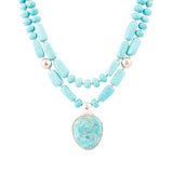 Double Stranded Blue Turquoise Sterling Silver Statement Pendant Necklace