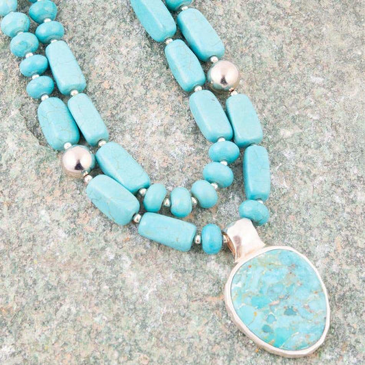 Double Stranded Blue Turquoise Sterling Silver Statement Pendant Necklace - Barse Jewelry - Flyclothing LLC