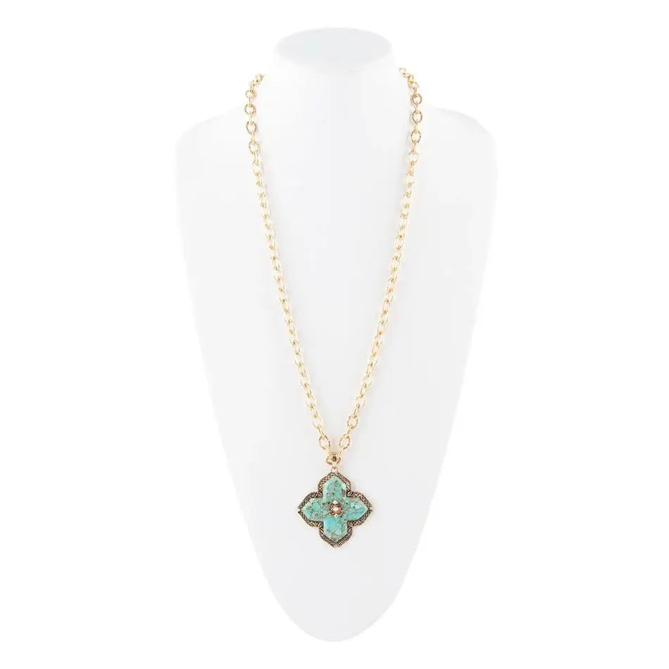 Blue Turquoise Maltese Cross Golden Pendant Necklace - Barse Jewelry - Flyclothing LLC