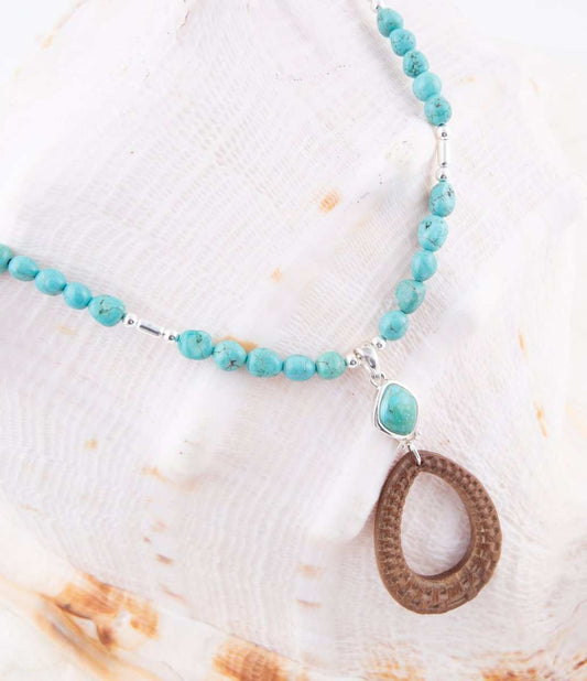 Blue Turquoise and Brown Woven Wood Pendant Sterling Silver Necklace - Barse Jewelry - Flyclothing LLC