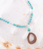 Blue Turquoise and Brown Woven Wood Pendant Sterling Silver Necklace - Barse Jewelry