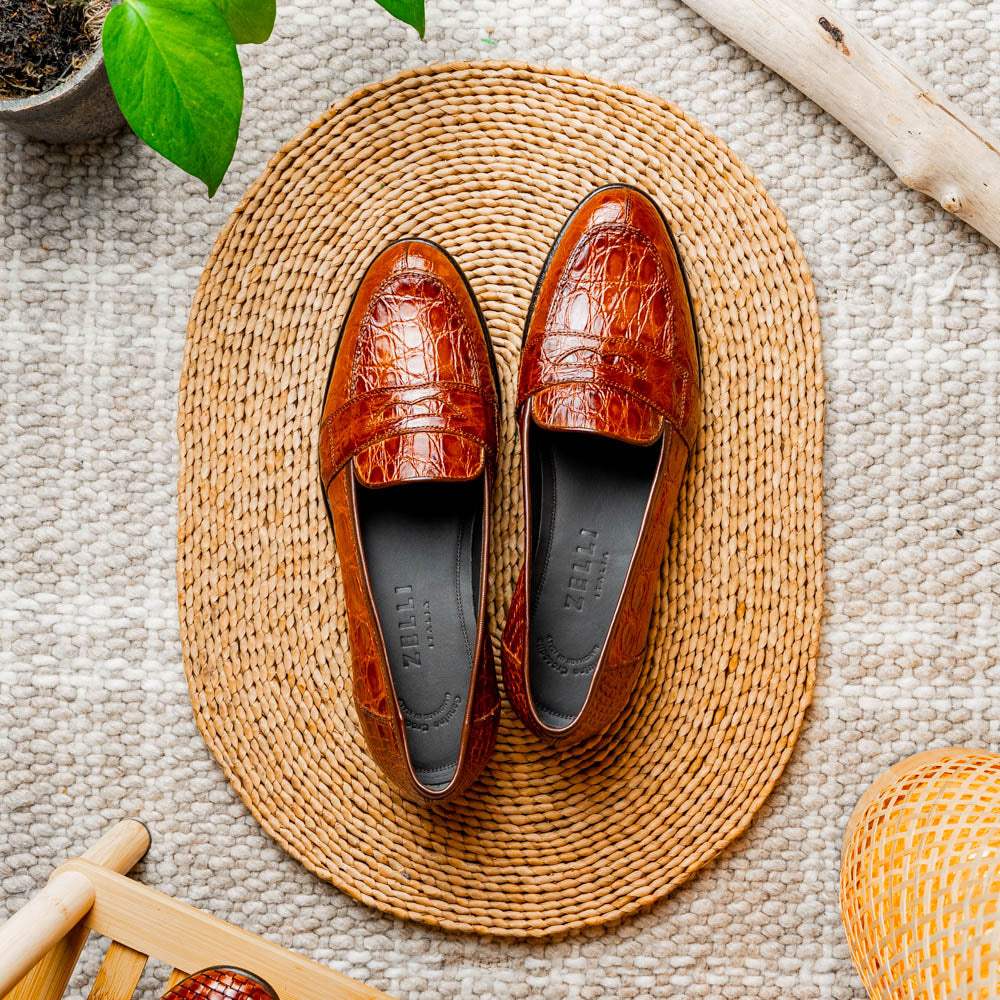 11-119-CGN TUSCANY Crocodile Penny Loafer, Cognac - Zelli Italia - Flyclothing LLC