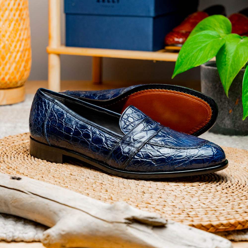 11-119-NVY TUSCANY Crocodile Penny Loafer, Navy - Zelli Italia - Flyclothing LLC