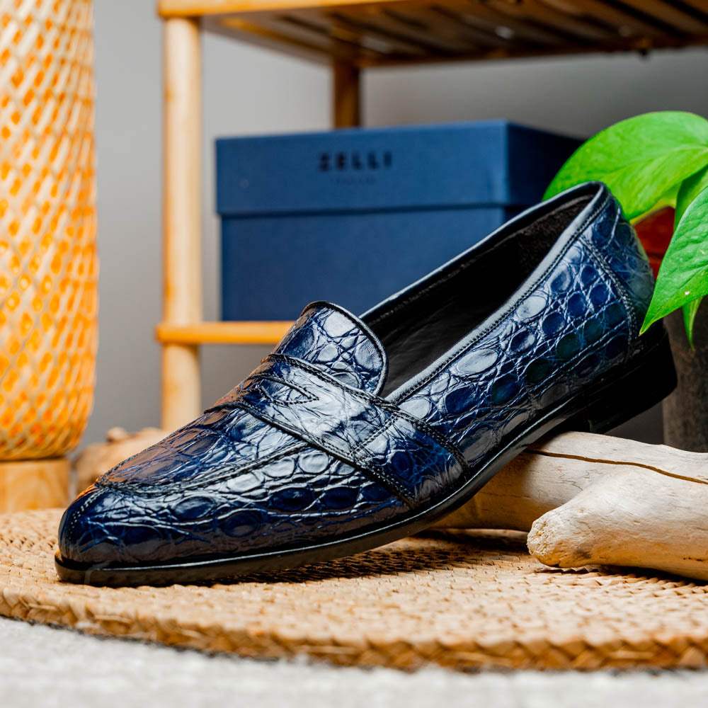 11-119-NVY TUSCANY Crocodile Penny Loafer, Navy - Zelli Italia - Flyclothing LLC