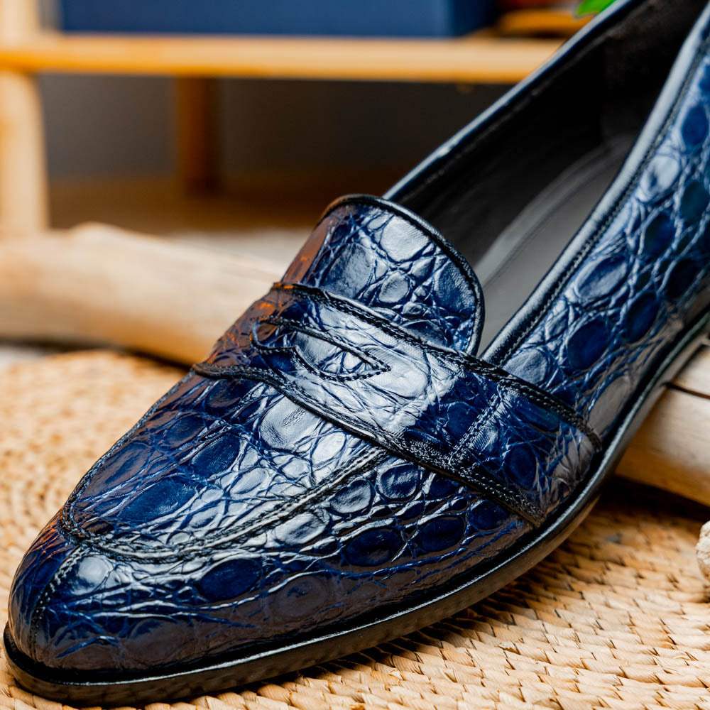 11-119-NVY TUSCANY Crocodile Penny Loafer, Navy - Zelli Italia - Flyclothing LLC