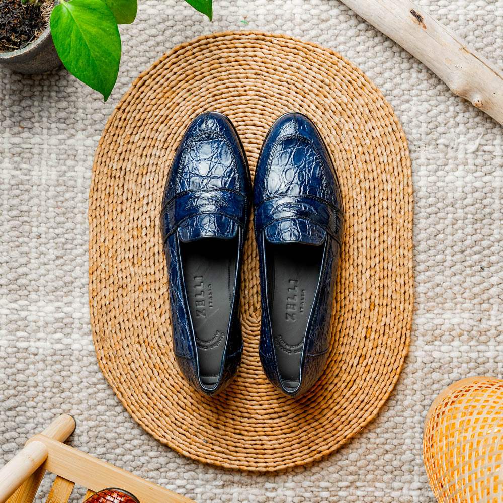 11-119-NVY TUSCANY Crocodile Penny Loafer, Navy - Zelli Italia - Flyclothing LLC