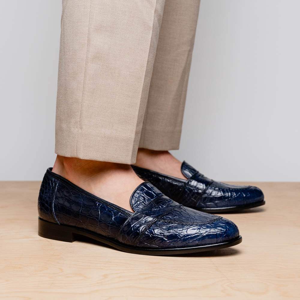 11-119-NVY TUSCANY Crocodile Penny Loafer, Navy - Zelli Italia - Flyclothing LLC