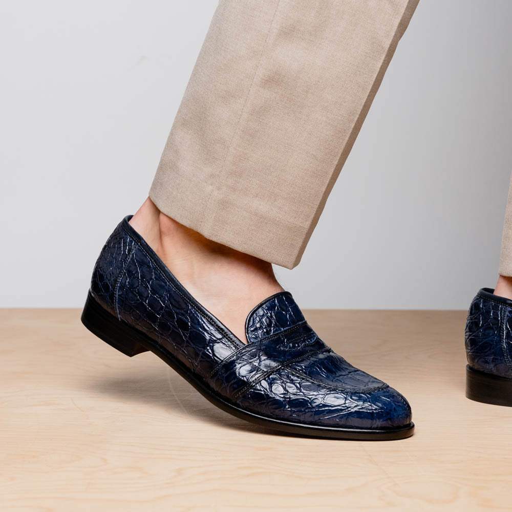 11-119-NVY TUSCANY Crocodile Penny Loafer, Navy - Zelli Italia - Flyclothing LLC