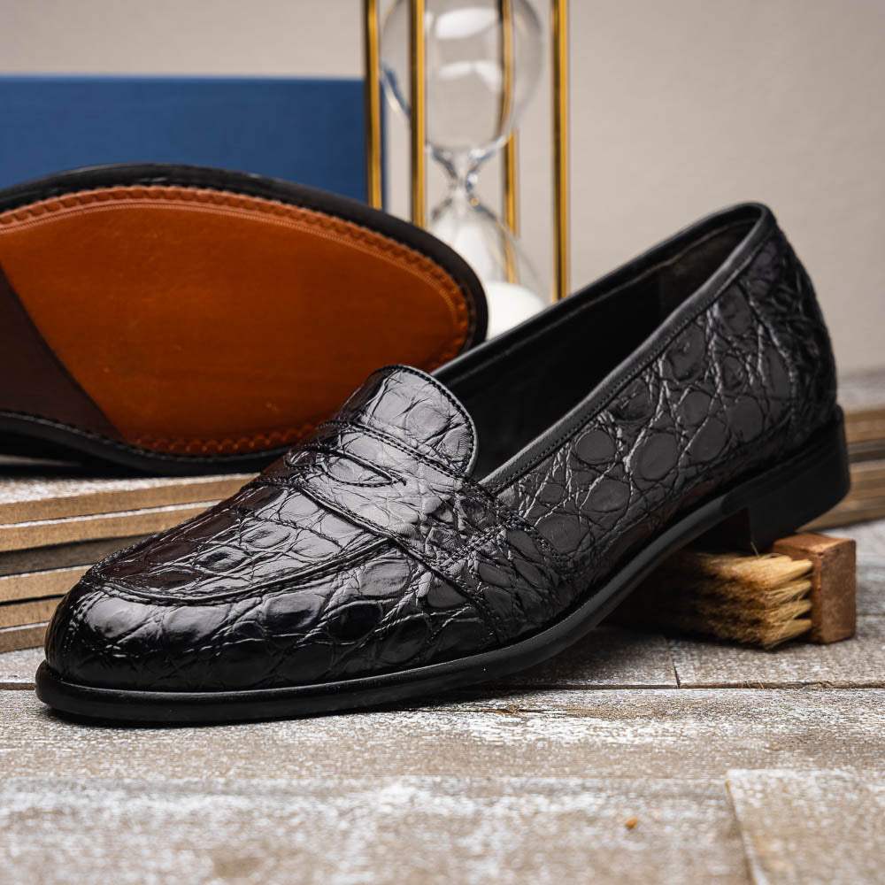 11-119-BKM (BLK) TUSCANY Crocodile Penny Loafer, Black - Zelli Italia - Flyclothing LLC