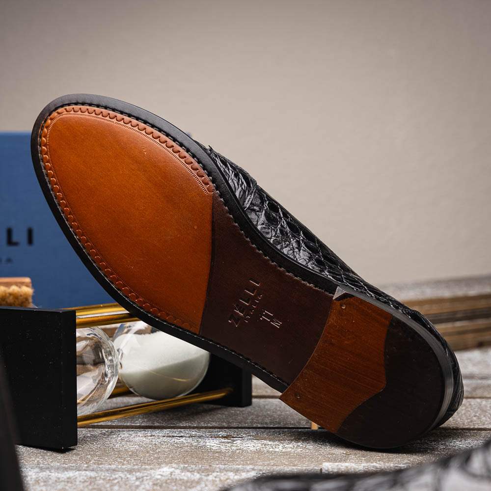 11-119-BKM (BLK) TUSCANY Crocodile Penny Loafer, Black - Zelli Italia - Flyclothing LLC