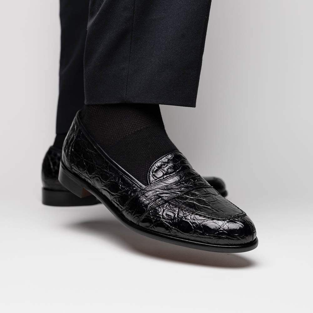 11-119-BKM (BLK) TUSCANY Crocodile Penny Loafer, Black - Zelli Italia - Flyclothing LLC