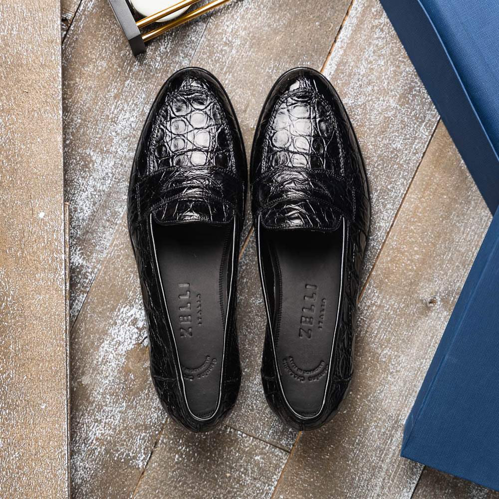 11-119-BKM (BLK) TUSCANY Crocodile Penny Loafer, Black - Zelli Italia - Flyclothing LLC