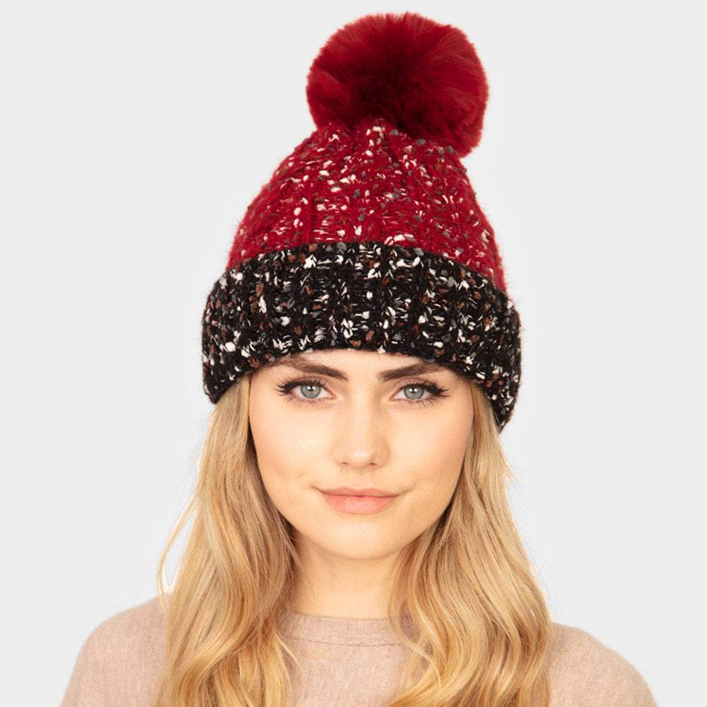 Two Tone Confetti Fleece Pom Pom Beanie Hat - Madeline Love - Flyclothing LLC