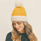 Two Tone Knit Pom Pom Beanie Hat - Madeline Love - Flyclothing LLC