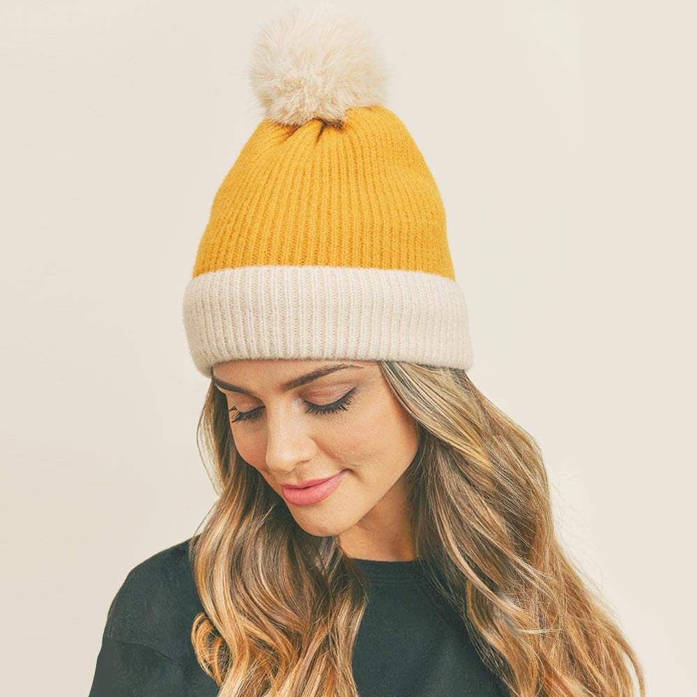 Two Tone Knit Pom Pom Beanie Hat - Madeline Love - Flyclothing LLC