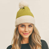 Two Tone Knit Pom Pom Beanie Hat - Madeline Love - Flyclothing LLC