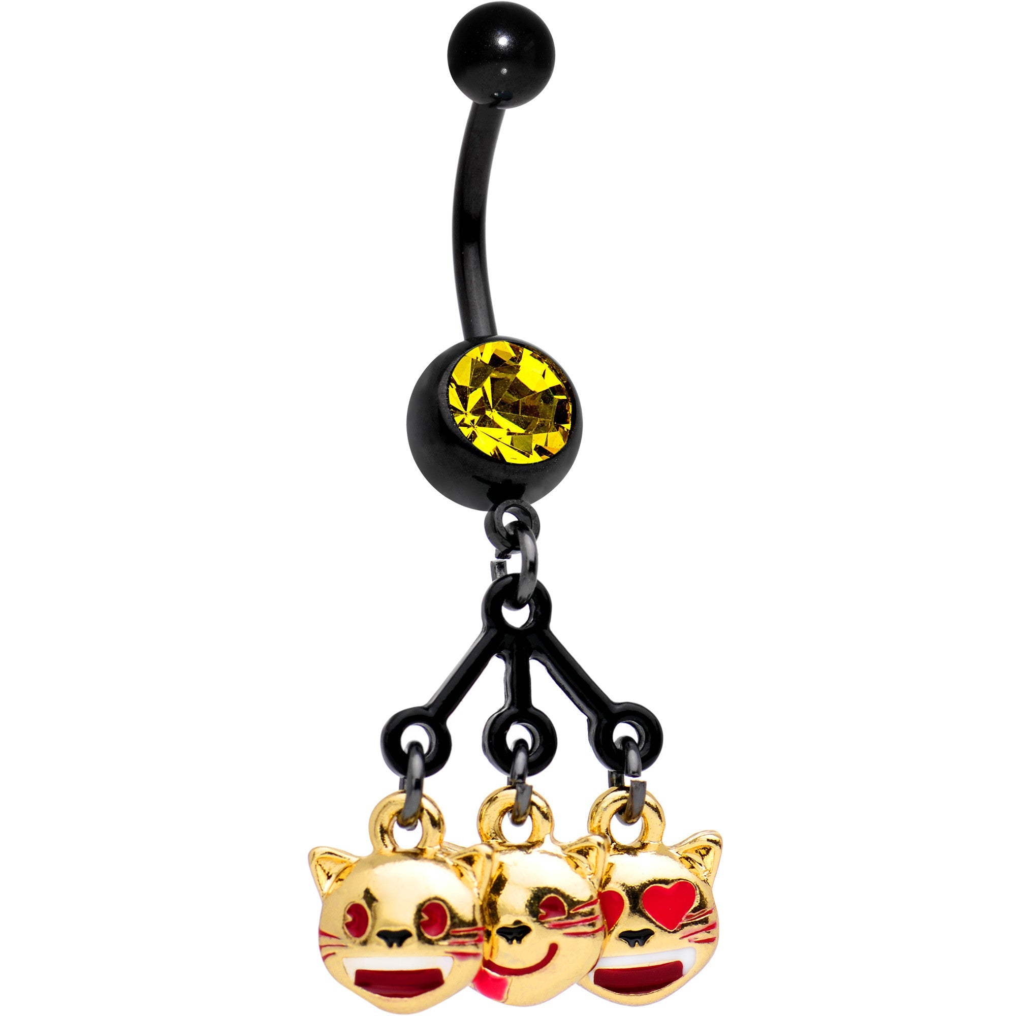 Licensed Smiling Cats emoji Yellow Gem Black Anodized Dangle Belly Ring - BodyCandy - Flyclothing LLC