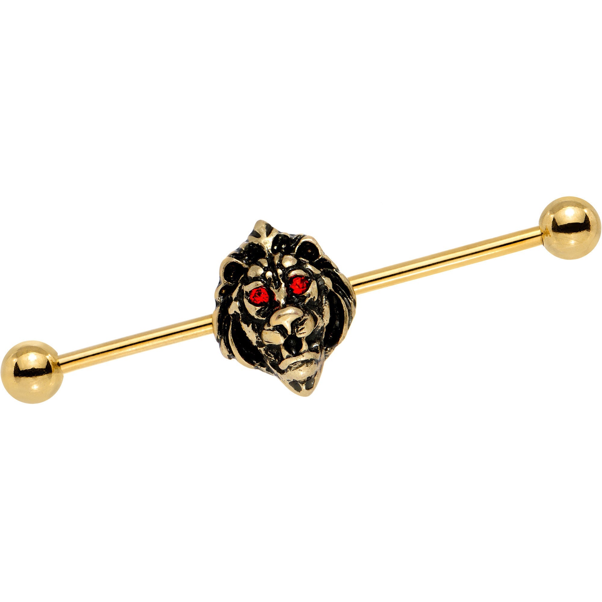 14G Red Gem Gold PVD Ferocious Lion Industrial Barbell 38mm - BodyCandy - Flyclothing LLC