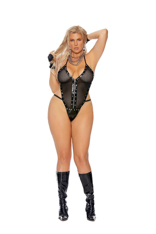 Elegant Moments Black Fishnet & Vinyl Teddy V2286 - Elegant Moments - Flyclothing LLC