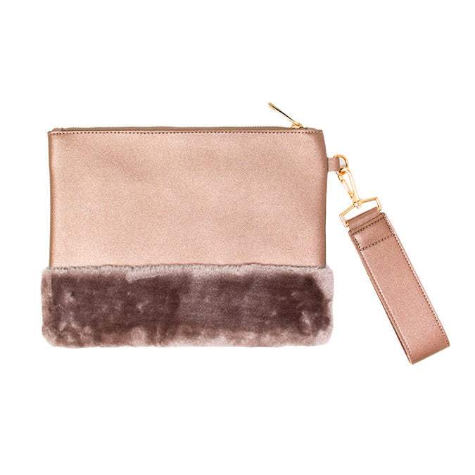 Vegan Faux Fur Trim Clutch Wristlet Bag Evening Bag - Madeline Love - Flyclothing LLC