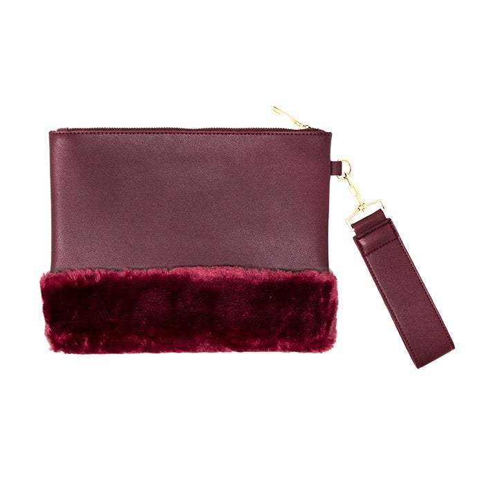 Vegan Faux Fur Trim Clutch Wristlet Bag Evening Bag - Madeline Love - Flyclothing LLC