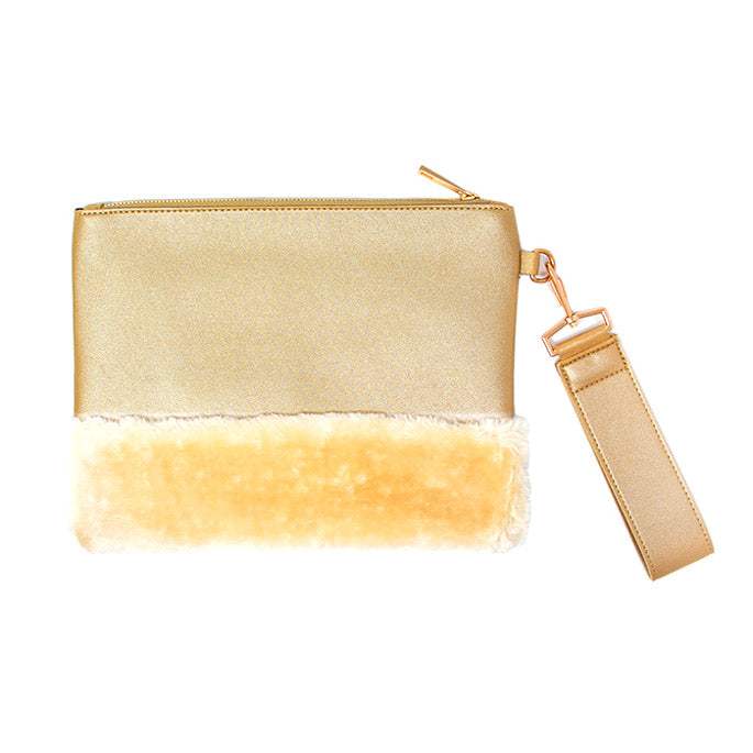 Vegan Faux Fur Trim Clutch Wristlet Bag Evening Bag - Madeline Love - Flyclothing LLC
