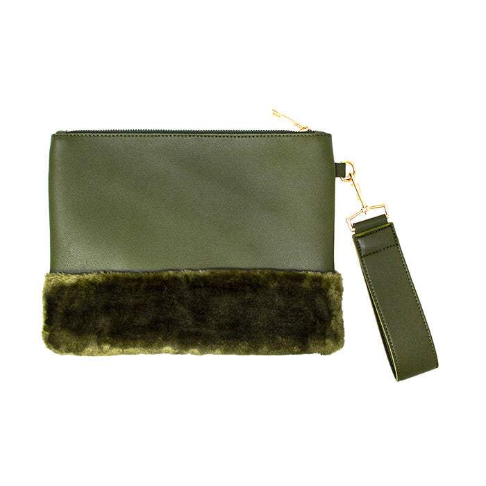 Vegan Faux Fur Trim Clutch Wristlet Bag Evening Bag - Madeline Love - Flyclothing LLC