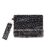 Vegan Leopard Faux Fur Trim Clutch Wristlet Bag - Madeline Love - Flyclothing LLC
