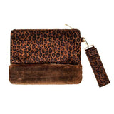 Vegan Leopard Faux Fur Trim Clutch Wristlet Bag - Madeline Love - Flyclothing LLC