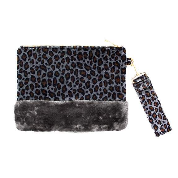 Vegan Leopard Faux Fur Trim Clutch Wristlet Bag - Madeline Love - Flyclothing LLC