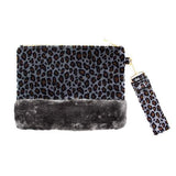 Vegan Leopard Faux Fur Trim Clutch Wristlet Bag - Madeline Love - Flyclothing LLC