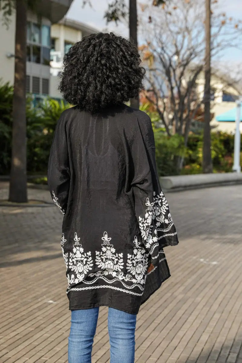 Embroidered Floral Vine Kimono – Elegant and Lightweight - Boho Clothing and Accessories - Flyclothing LLC