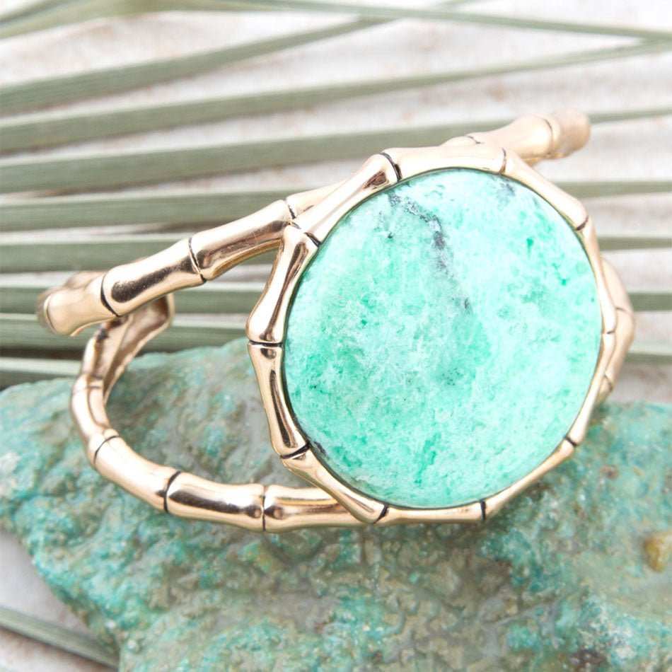 Vibrant Green Chrysoprase Golden Bamboo Statement Cuff Bracelet - Barse Jewelry - Flyclothing LLC