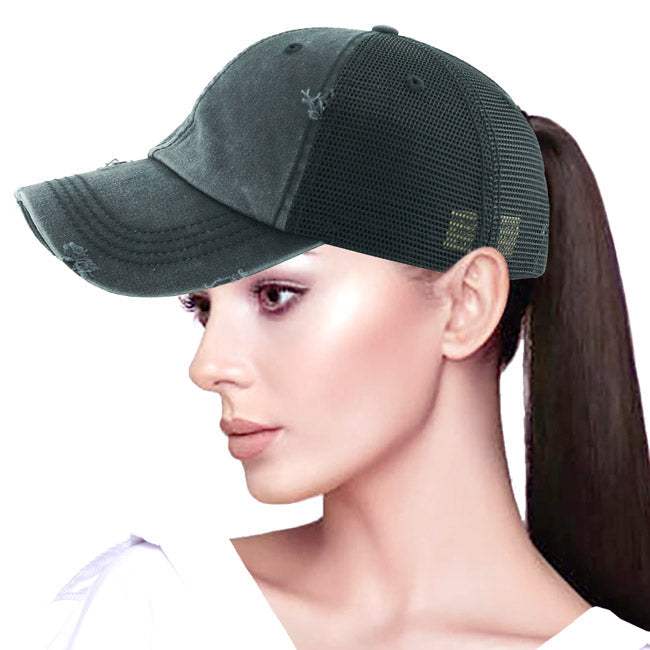 Vintage Distressed Mesh Back Ponytail Baseball Cap - Madeline Love - Flyclothing LLC