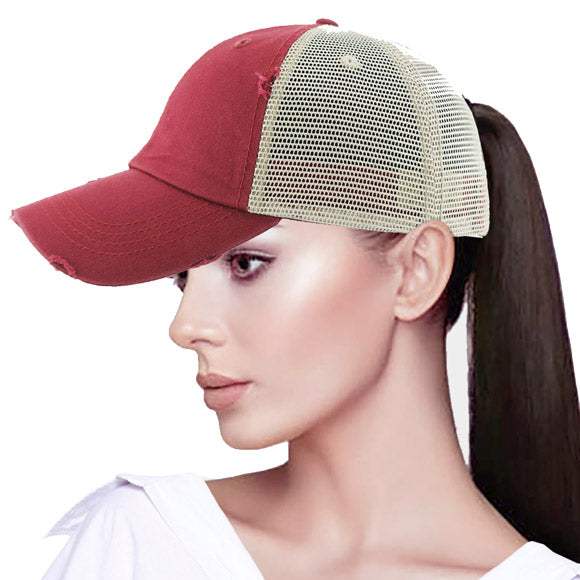 Vintage Distressed Mesh Back Ponytail Baseball Cap - Madeline Love - Flyclothing LLC