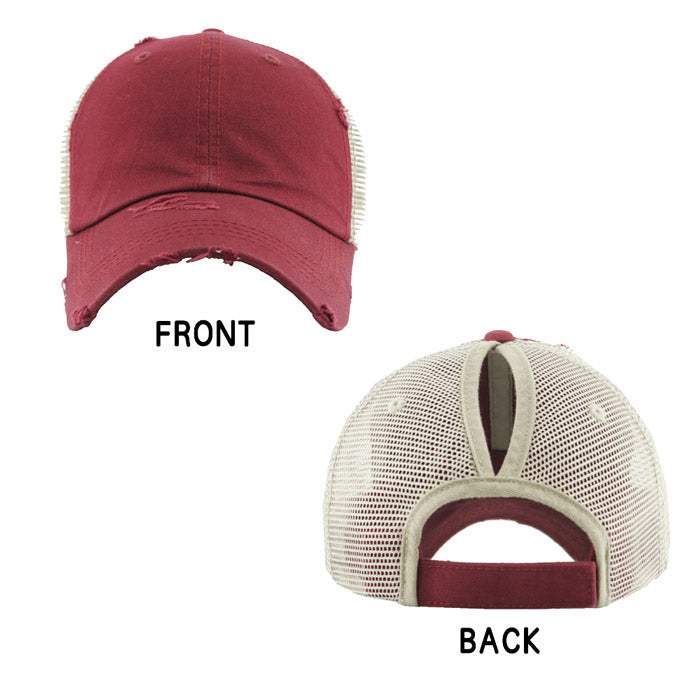 Vintage Distressed Mesh Back Ponytail Baseball Cap - Madeline Love - Flyclothing LLC