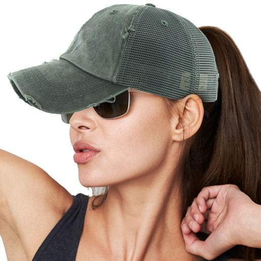 Vintage Distressed Mesh Back Ponytail Baseball Cap - Madeline Love - Flyclothing LLC