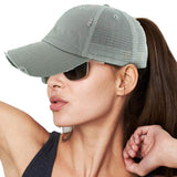 Vintage Distressed Mesh Back Ponytail Baseball Cap - Madeline Love - Flyclothing LLC