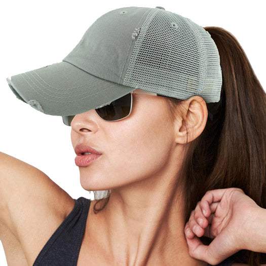 Vintage Distressed Mesh Back Ponytail Baseball Cap - Madeline Love - Flyclothing LLC
