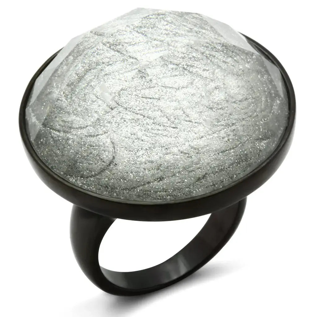 VL003 - IP Black(Ion Plating) Brass Ring with Synthetic Synthetic Stone in Light Gray - Alamode - Flyclothing LLC